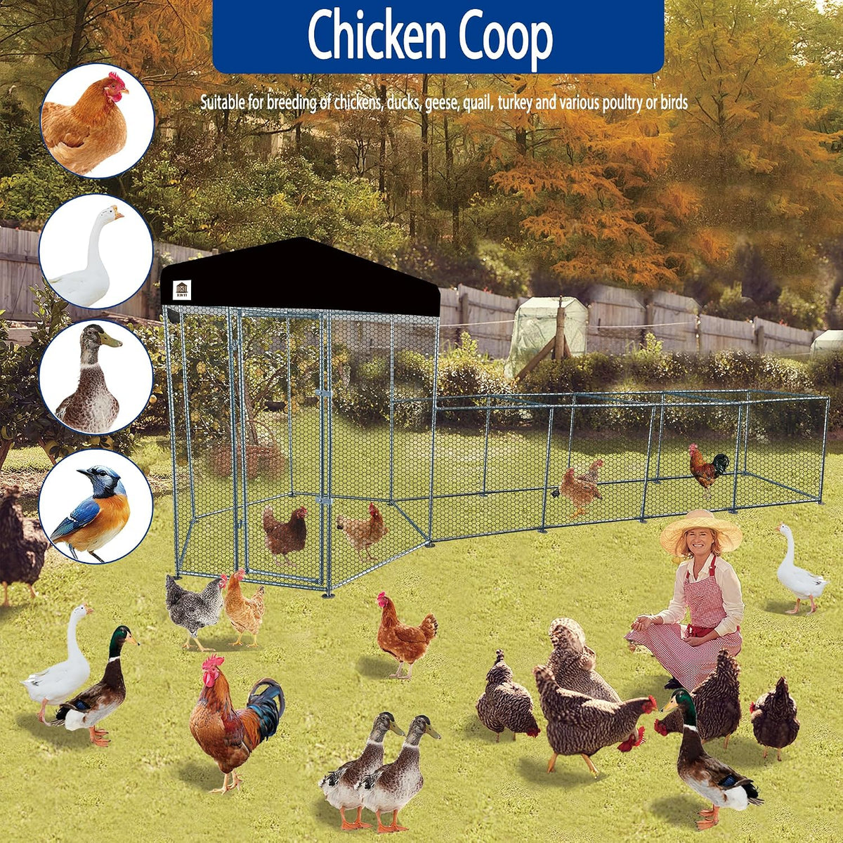 Hexagonal Metal Chicken coop with Cover for Yard, 19x6x7.5ft Large Chicken Run for 10 Chickens, Walk-in and