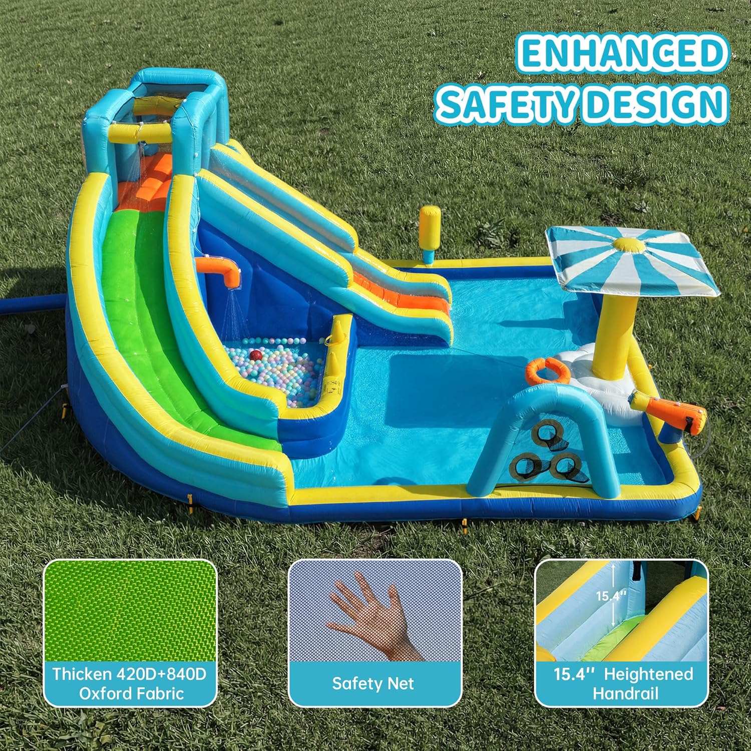 Inflatable Water Park for Kids, 16.4 ft × 14.1 ft Large Backyard Water Slides with Dual Slides, Dual Water Guns &