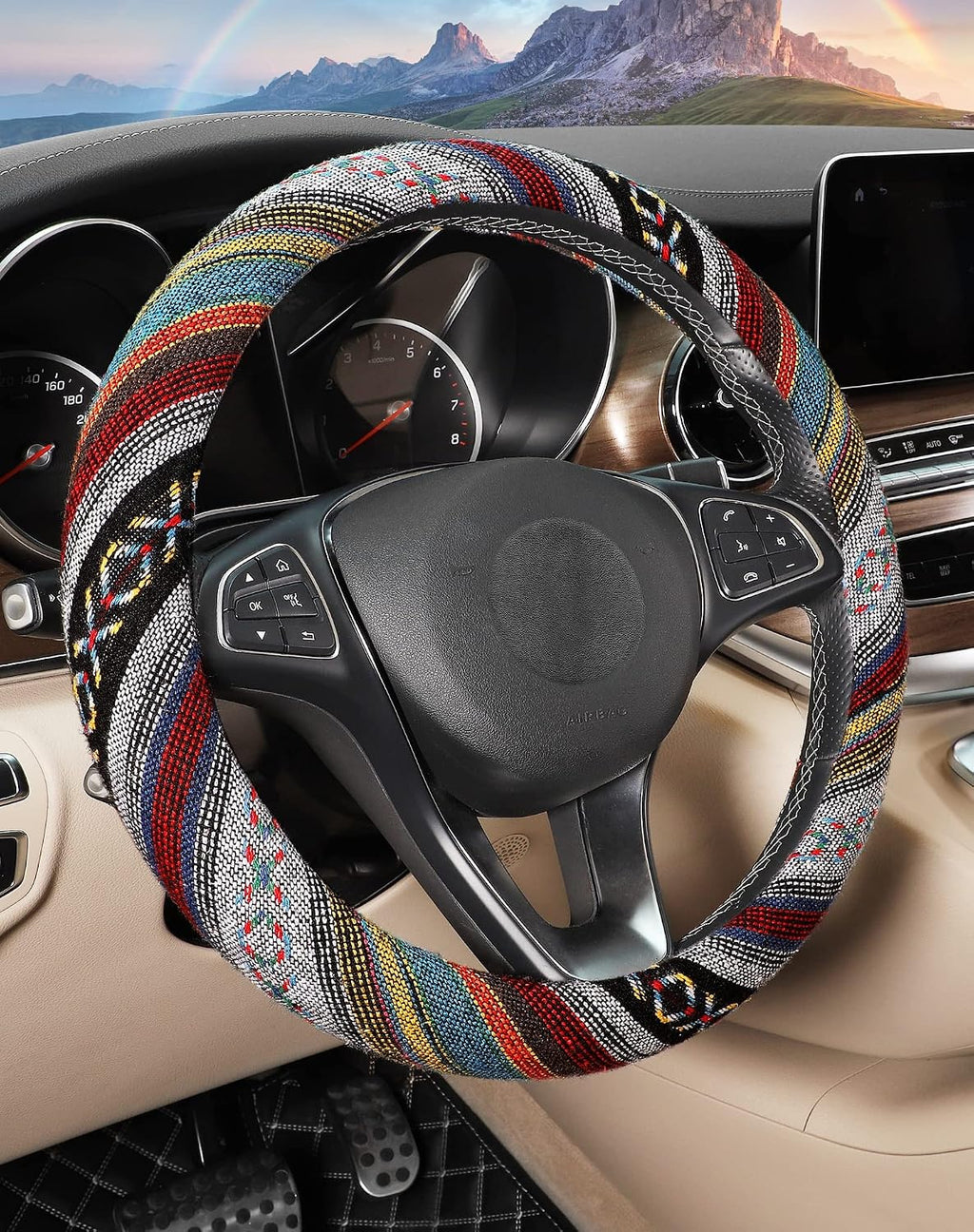 Boho Steering Wheel Cover with Baja Blanket Cloth, Ethnic Style Auto Wheel Cover Made of Coarse Flax, Fits 14 1/2-15