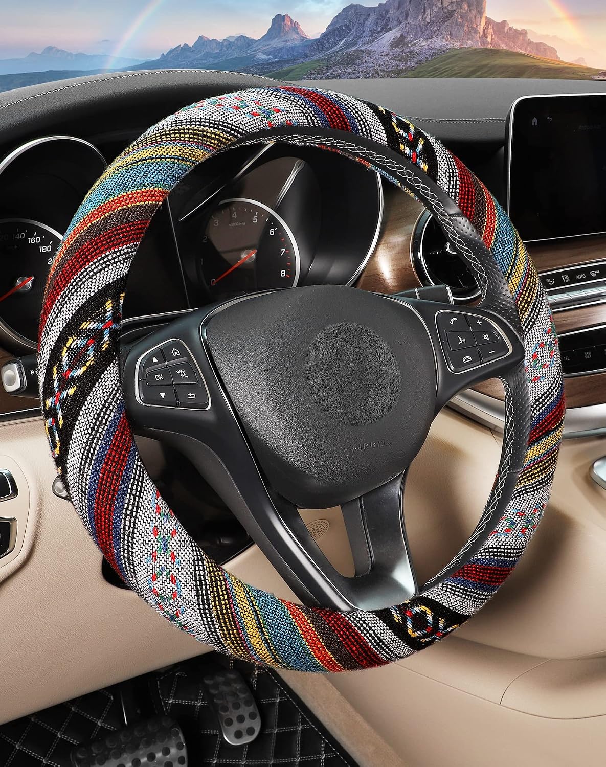 Boho Steering Wheel Cover with Baja Blanket Cloth, Ethnic Style Auto Wheel Cover Made of Coarse Flax, Fits 14 1/2-15