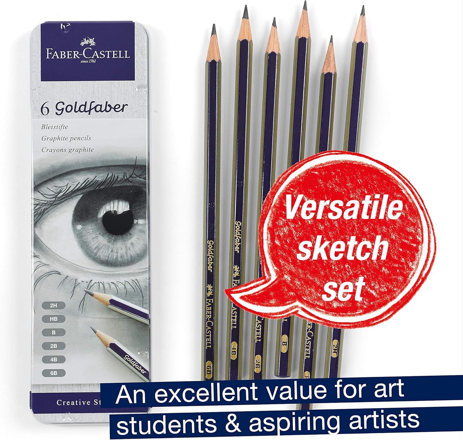 Graphite Sketch Pencil Set - 6 Graphite Pencils (2H, HB, B, 2B, 4B, 6B), Drawing Pencils and Sketching Supplies