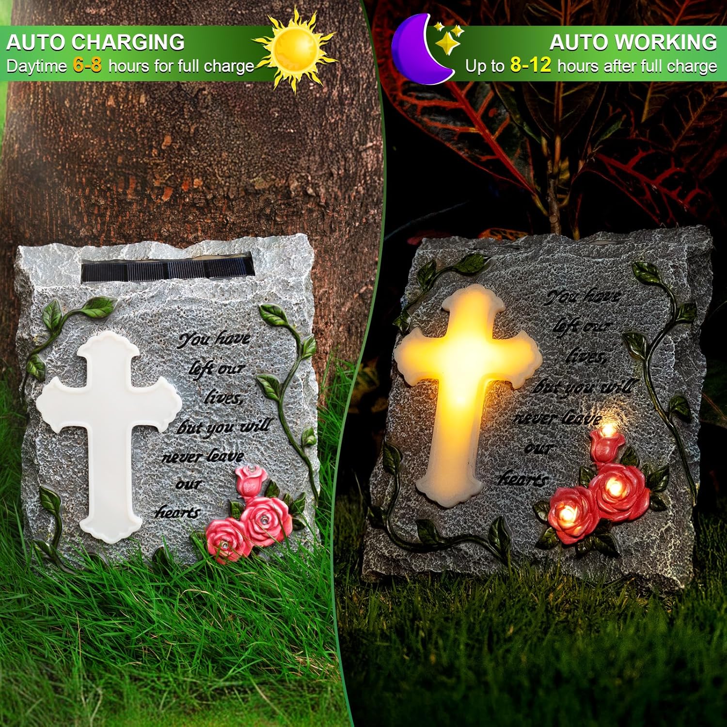 Cross Solar Lights Outdoor Garden Memorial Stepping Stone, IP65 Waterproof is Used for Walls or Lawns, A Touching