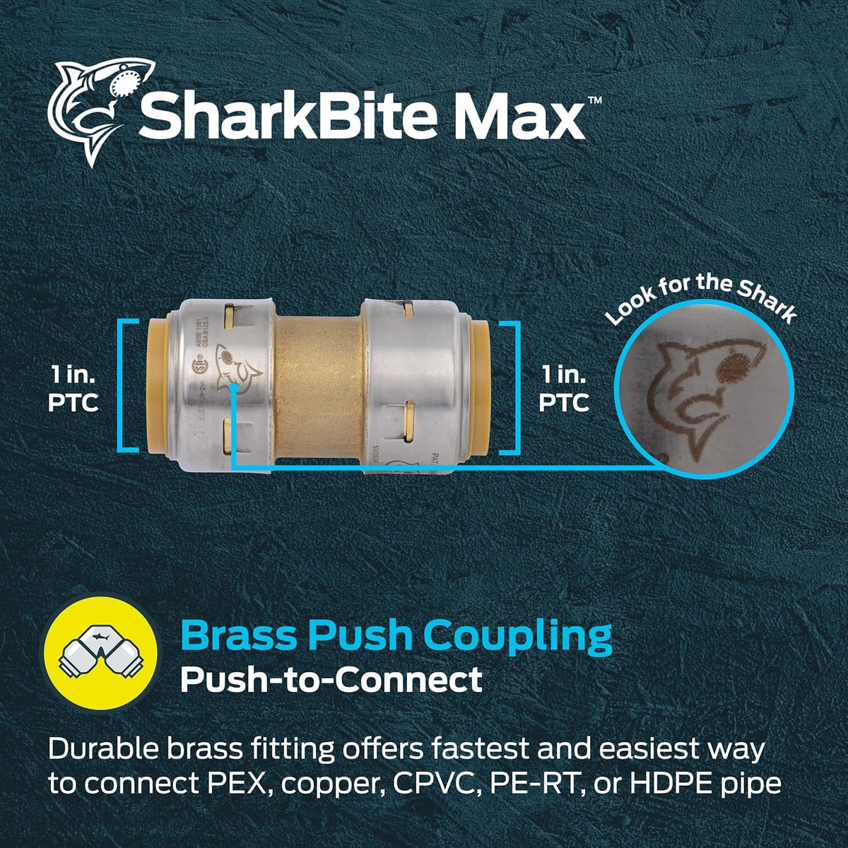 SharkBite Max 1 Inch Coupling, Push to Connect Brass Plumbing Fitting, PEX Pipe, Copper, CPVC, PE-RT, HDPE, UR020A