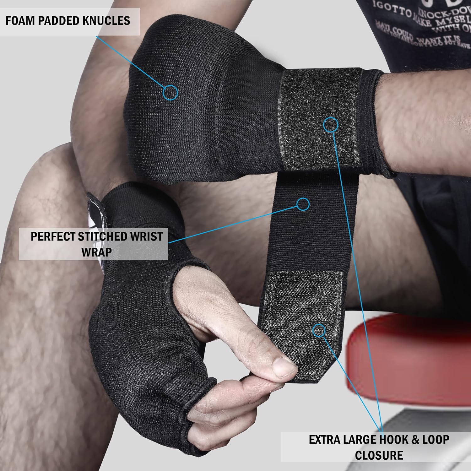 Slip on Boxing Hand Wraps Padded Thick Knuckle Inner Gloves 36 inches Elastic Wrist Strap Quick Wrap Under Mitts for