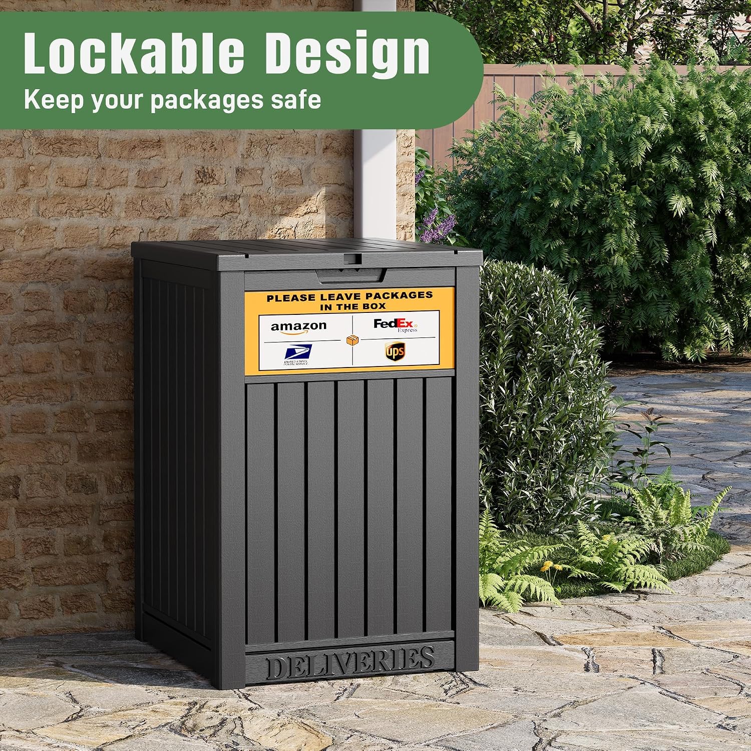 Package Delivery Box for Outside with Sign, Secure Lockable Waterproof Package Delivery Container, Resin Deck Box for