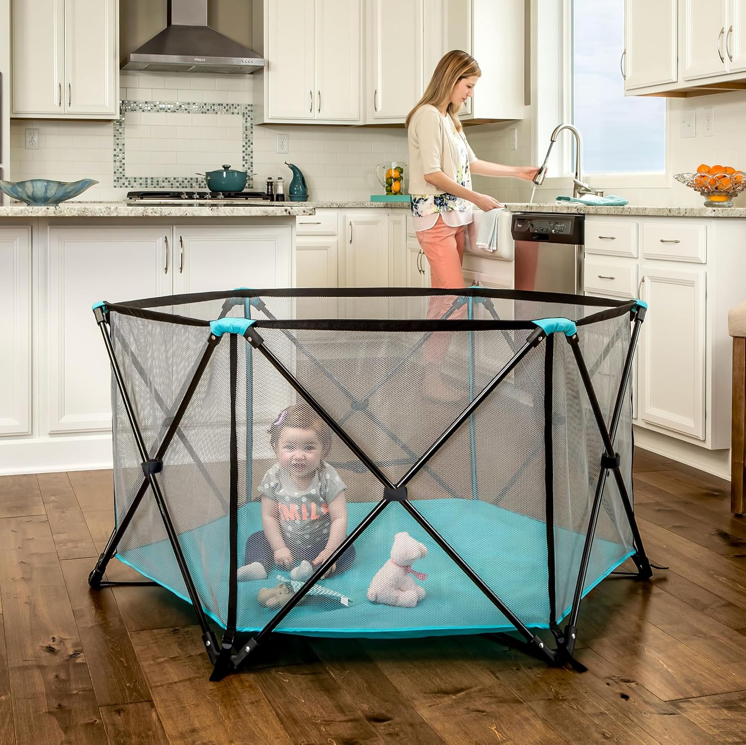 Safety My Play Portable Baby Playpen & Play Yard, Foldable 6-Panel Indoor Outdoor Playpen for Babies & Toddlers, Mesh