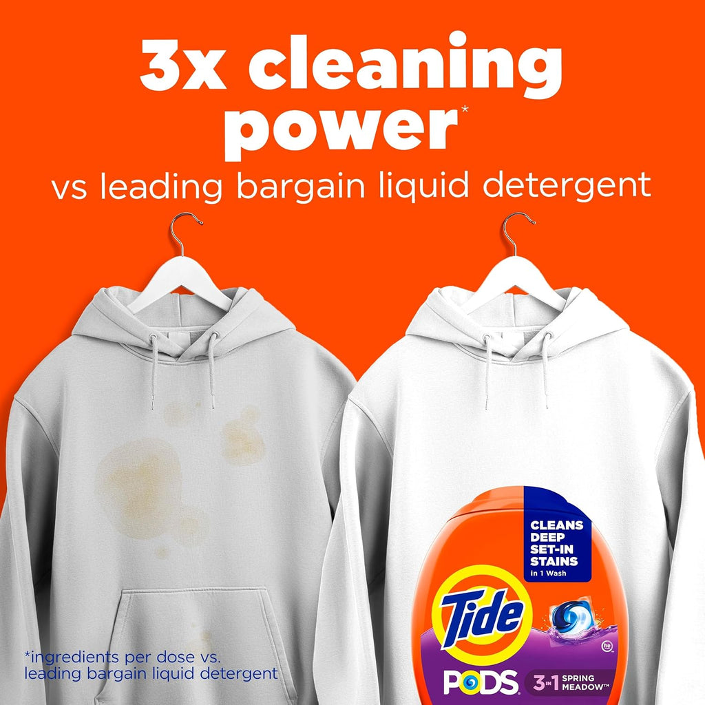 PODS laundry detergent pacs, 3-in-1 Stain Remover, Odor Fighter, Color Protector, 76 Count, HE compatible, Spring