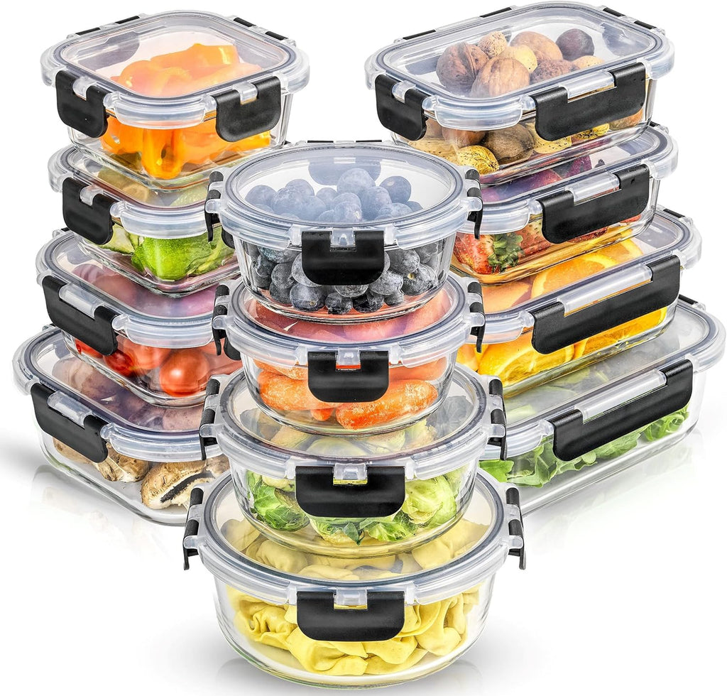 24pc Borosilicate Glass Storage Containers with Lids | 12 Airtight/Freezer Safe Food Storage Containers for Pantry