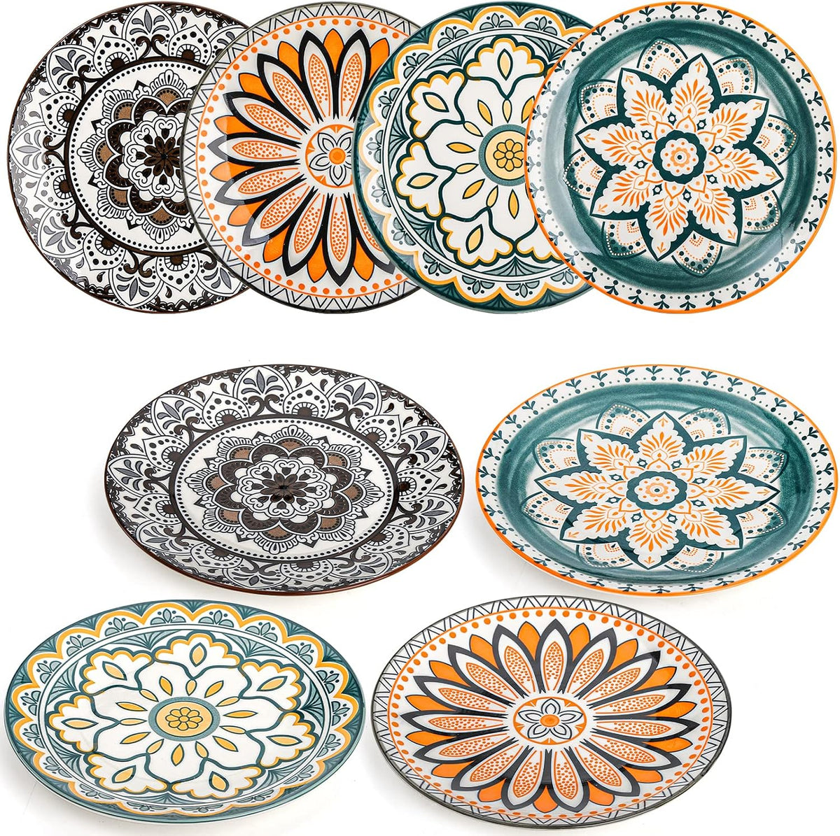 8 Pieces Salad Plates, 8.5 Inch Porcelain Floral Dessert Plates, Colorful Round Lunch Plate Sets for Appetizer Salad