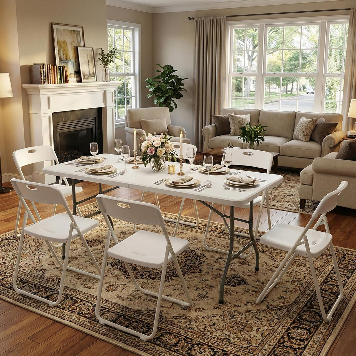 6FT Foldable Table Set with 6 Pack Plastic Folding Chairs, Heavy Duty 350 lbs Folding Table & Folding Chairs