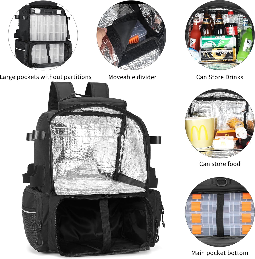 Fishing Tackle Backpack, 45L Storage Waterproof Travel Bag Store Fishing Gear with Insulated Top Pocket