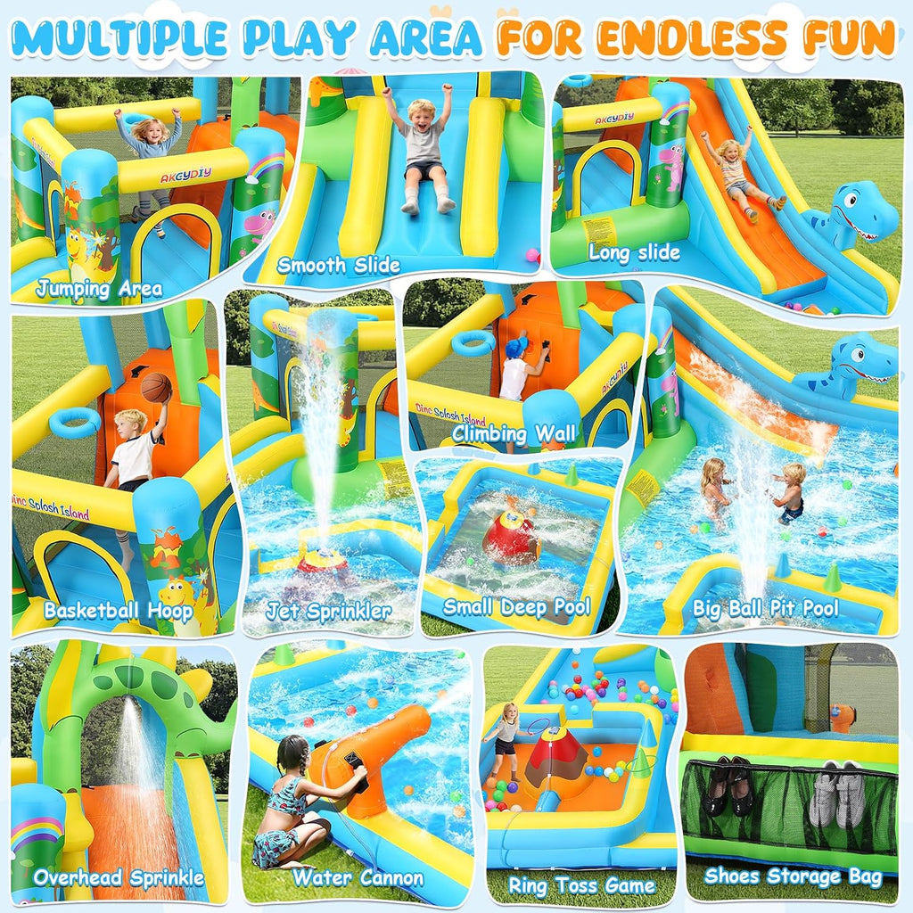 Inflatable Water Slide,13 in 1 Dinosaur Themed Bounce House Water Park for Kids 3-12 with Dual Big Splash Pool&Long