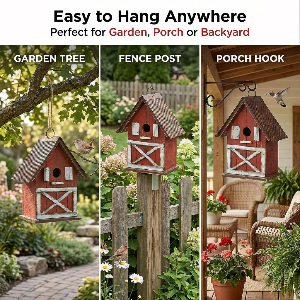 Rustic Barn-Style Wooden Birdhouse, 10.5" Hanging Bird House