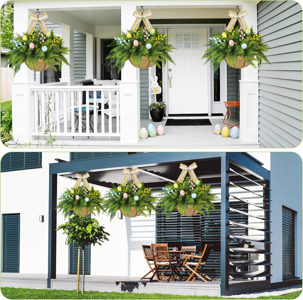 Set of 2 Easter Artificial Hanging Plant Flower Baskets, Fake Planter Hanging with 24 Pcs Cypress Leaves, Faux Ferns