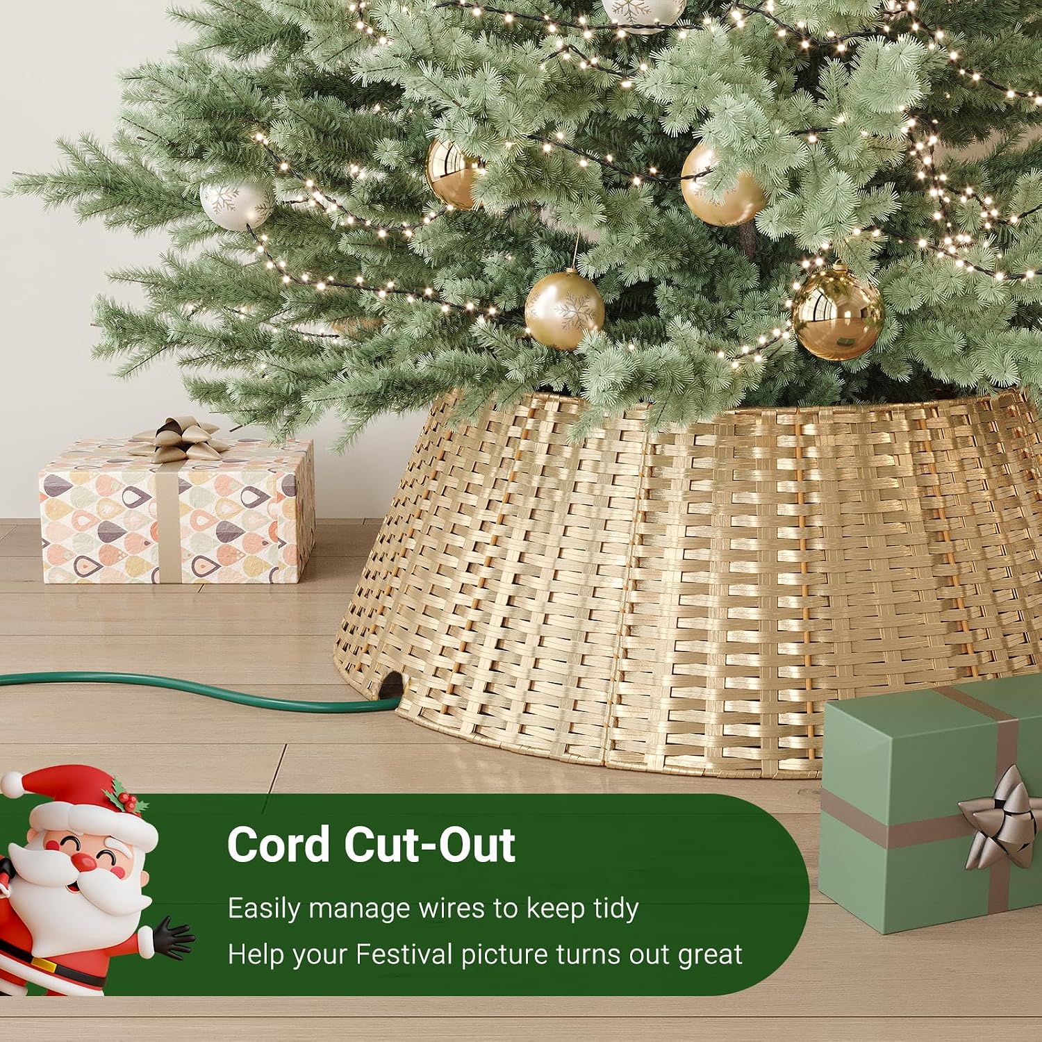 Gold Christmas Tree Collar, 28 Inch Woven Xmas Tree Skirt for 7.5 ft Trees, Stylish Rustic Basket for Tree Base Cover