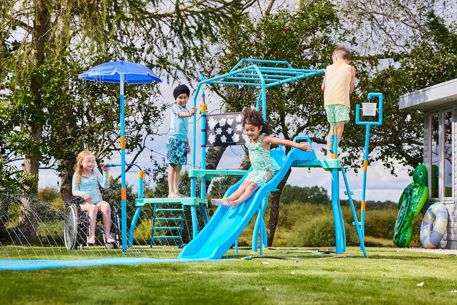 Play Kids Water Slide Outdoor Play Equipment - Toddler Water Toys, Water Gun, Monkey Bars, Sprinkler for Kids, Dump
