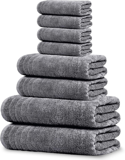 8 Piece Towel Set, 2 XL Bath, 2 Hand, 4 Washcloth, Dark Grey | 100% Cotton, Lighter Weight, Quicker to Dry, Super