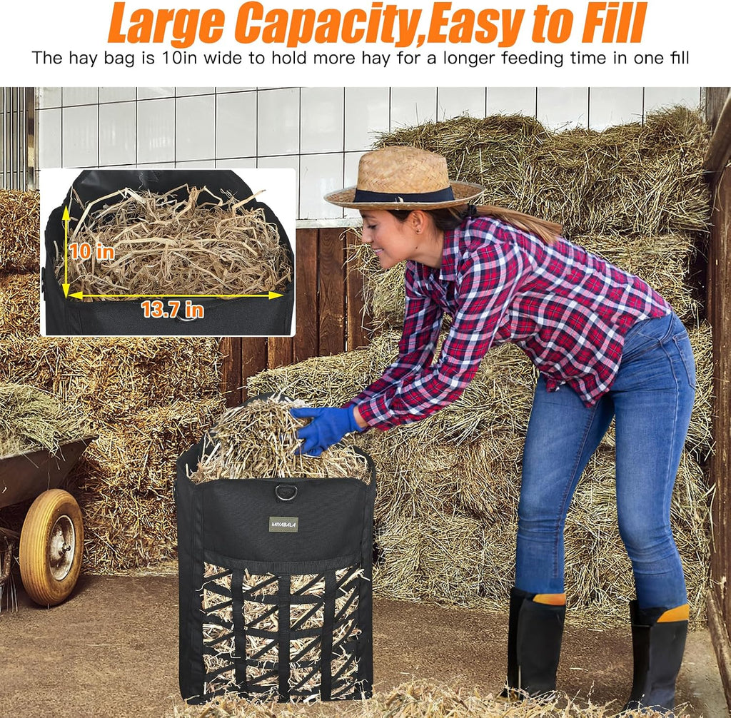 Dual Purpose Feed Horse Hay Bags, 1 Pack Large Black Oxford Fabric