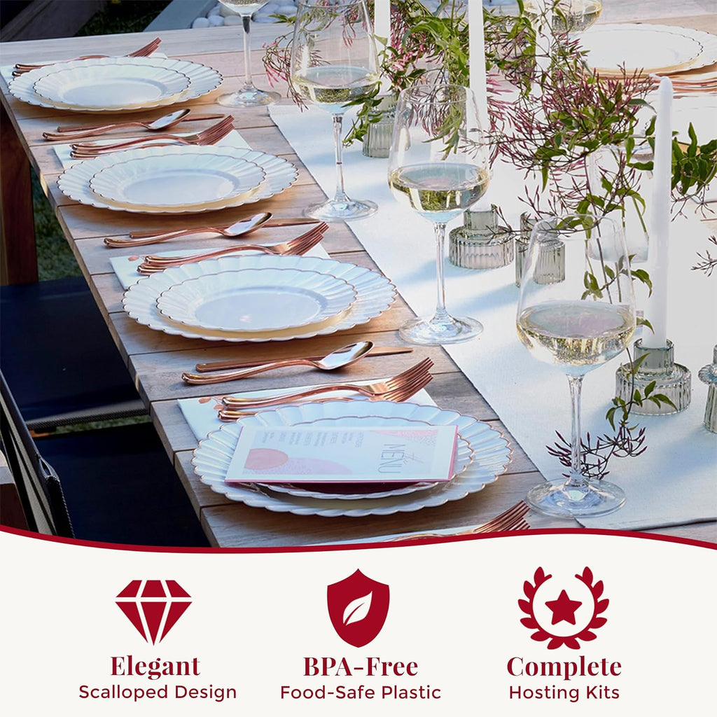 HEAVYWEIGHT Scalloped Rose Gold Disposable Dinnerware Set 175 Pc