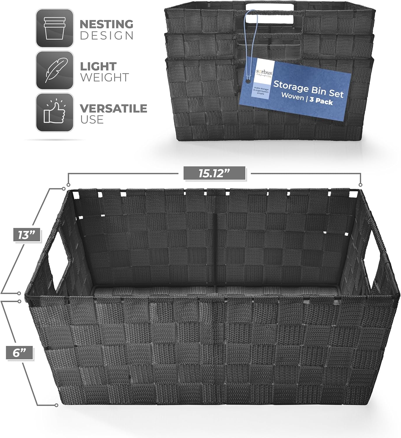 Set of 3 Large Woven Storage Baskets – Mesh Hand-Woven Baskets for Organizing, Fabric Storage Bins for Linen Closet