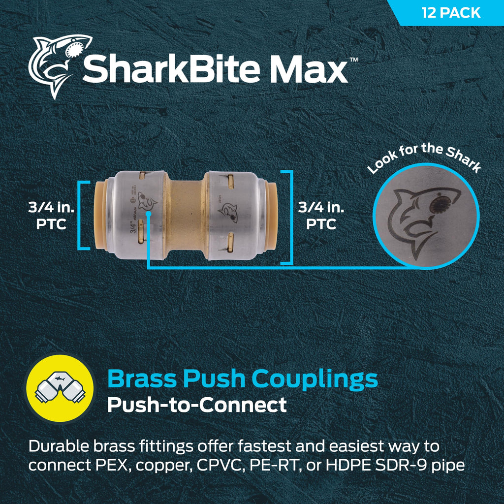 SharkBite Max Coupling, Push to Connect Brass Plumbing Fitting, PEX Pipe, Copper, CPVC, PE-RT, HDPE