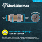 SharkBite Max Coupling, Push to Connect Brass Plumbing Fitting, PEX Pipe, Copper, CPVC, PE-RT, HDPE