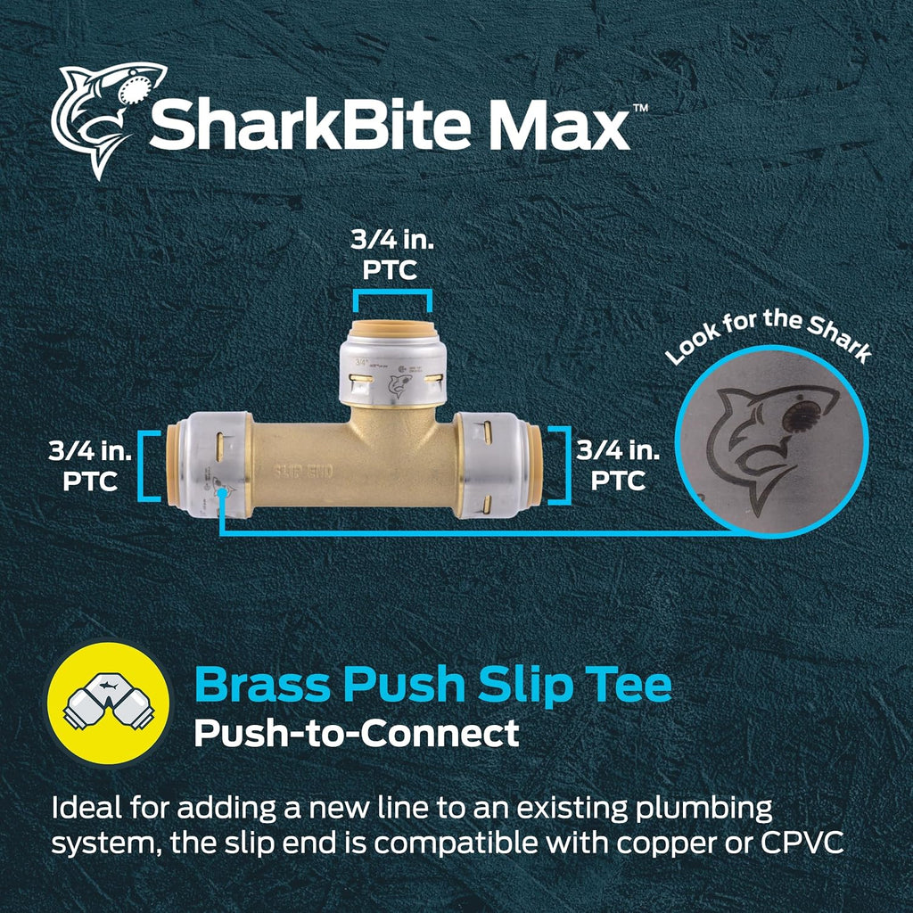 SharkBite Max 3/4 Inch Slip Tee, Push to Connect Brass Plumbing Fitting, Copper and CPVC, UR3370A