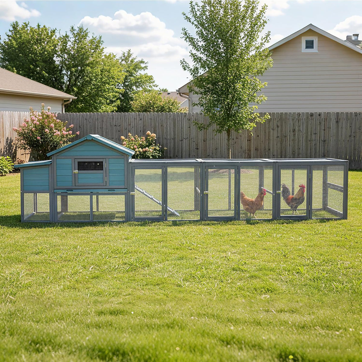 Large Wooden Chicken Coop with Run Blue Gray 141.1 in