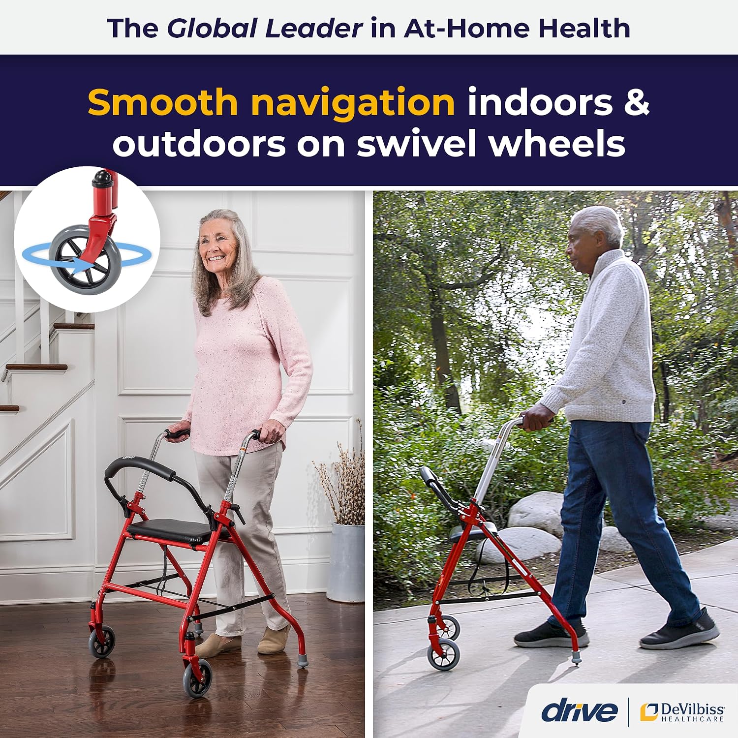 1239RD Foldable Rollator Walker with Seat, Red, 1 Count (Pack of 1)