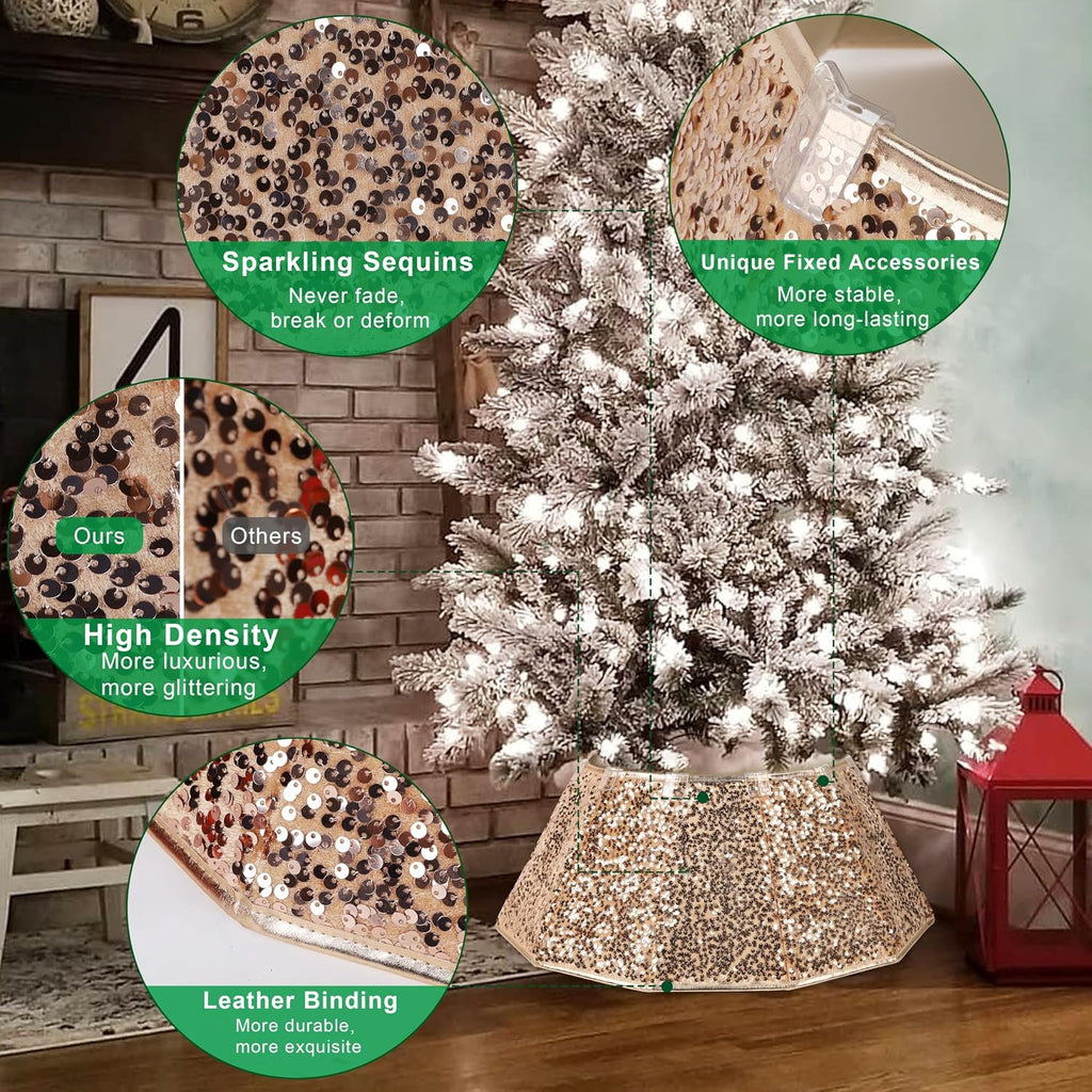 Sparkling Champagne Gold Christmas Tree Collar – Color Shifts with Light – 25.2″ Bottom / 14.9″ Top Foldable Base Cover