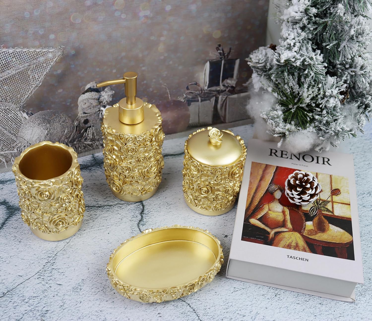 Gold Bathroom Accessories Set,Rose Design Bathroom Set,Farmhouse Bathroom Decor,4 Pcs Resin Gift Set Apartment