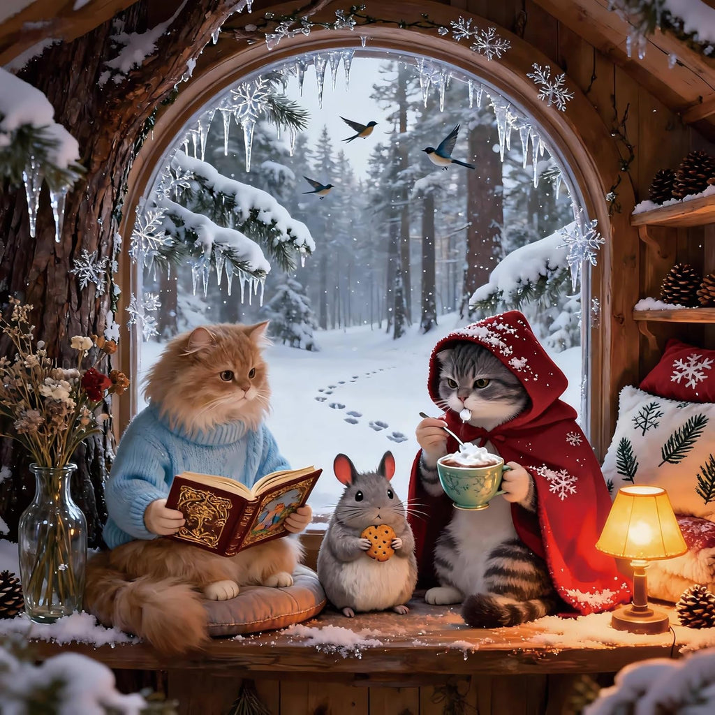 Puzzle for Adults 1024 Pieces, Cozy Winter Forest Cat & Chinchilla Jigsaw Puzzle, Challening Impossible Difficult