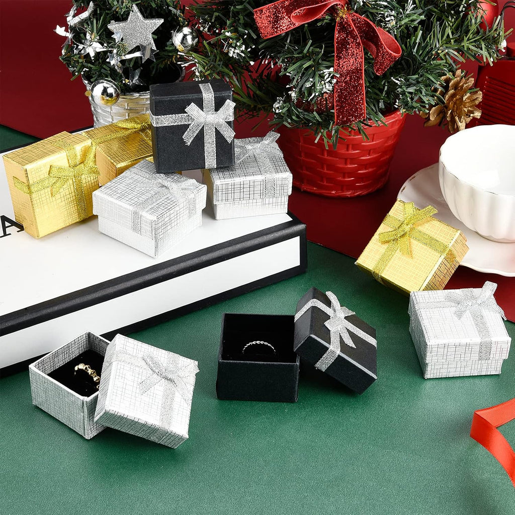 12 Pack Jewelry Gift Box, 2x2x1.2 inch Square Ring Box Earring Box Cardboard Boxes Small Display Boxes with Bowknot