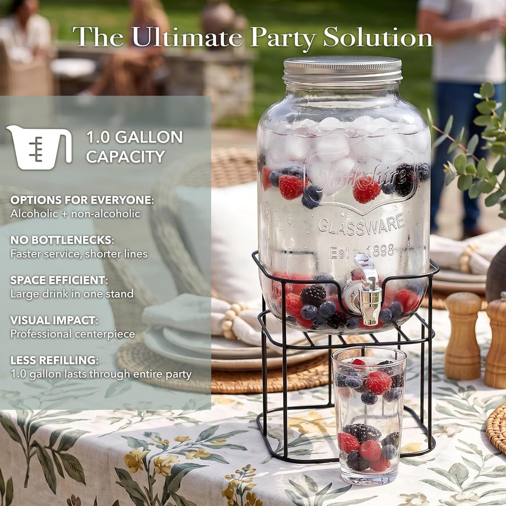 Mason Jar Glass Beverage Dispenser Sun Tea w/Metal Stand, 1 Gal