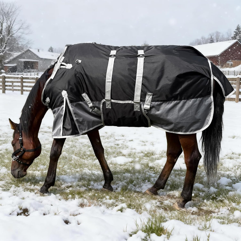 1200D Turnout Horse Blanket with Belly Wrap, Black/Gray, 72IN