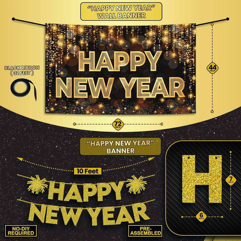 New Years Eve Party Supplies 2026, Pack of 37 | Happy New Year Banner, New Years Balloons for Black and Gold Happy