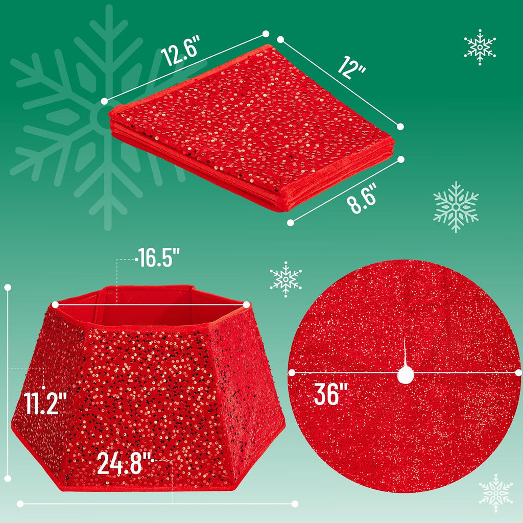 Red Sequin Christmas Tree Skirt and Tree Collar | 36 Inch Sparkly Base Cover, 24.8 Inch Foldable Sparkling Sequin