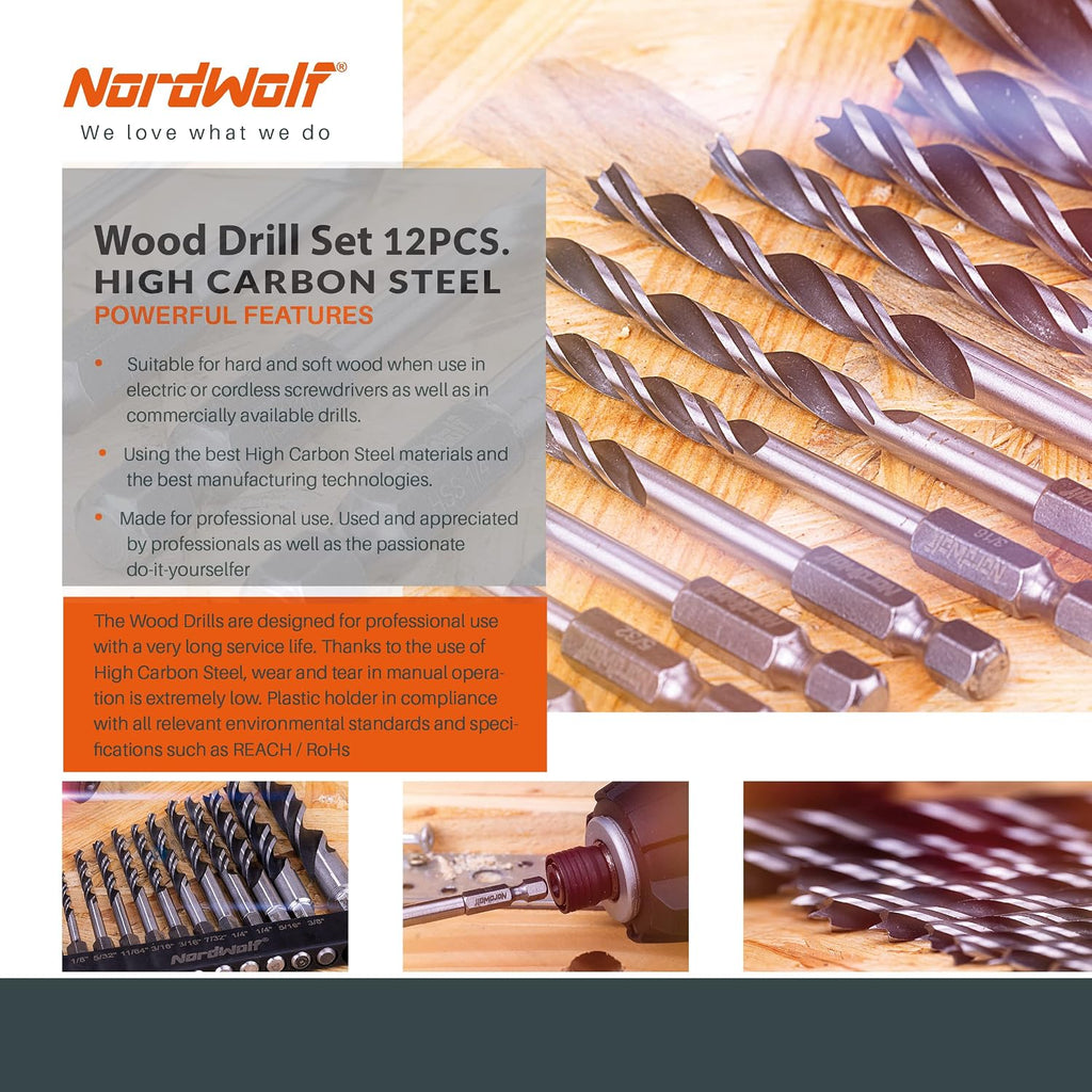 12-Piece Brad Point Wood Drill Bit Set for Carpenter Woodworking, Double Flutes Design with 1/4" Hex Shank, SAE Sizes