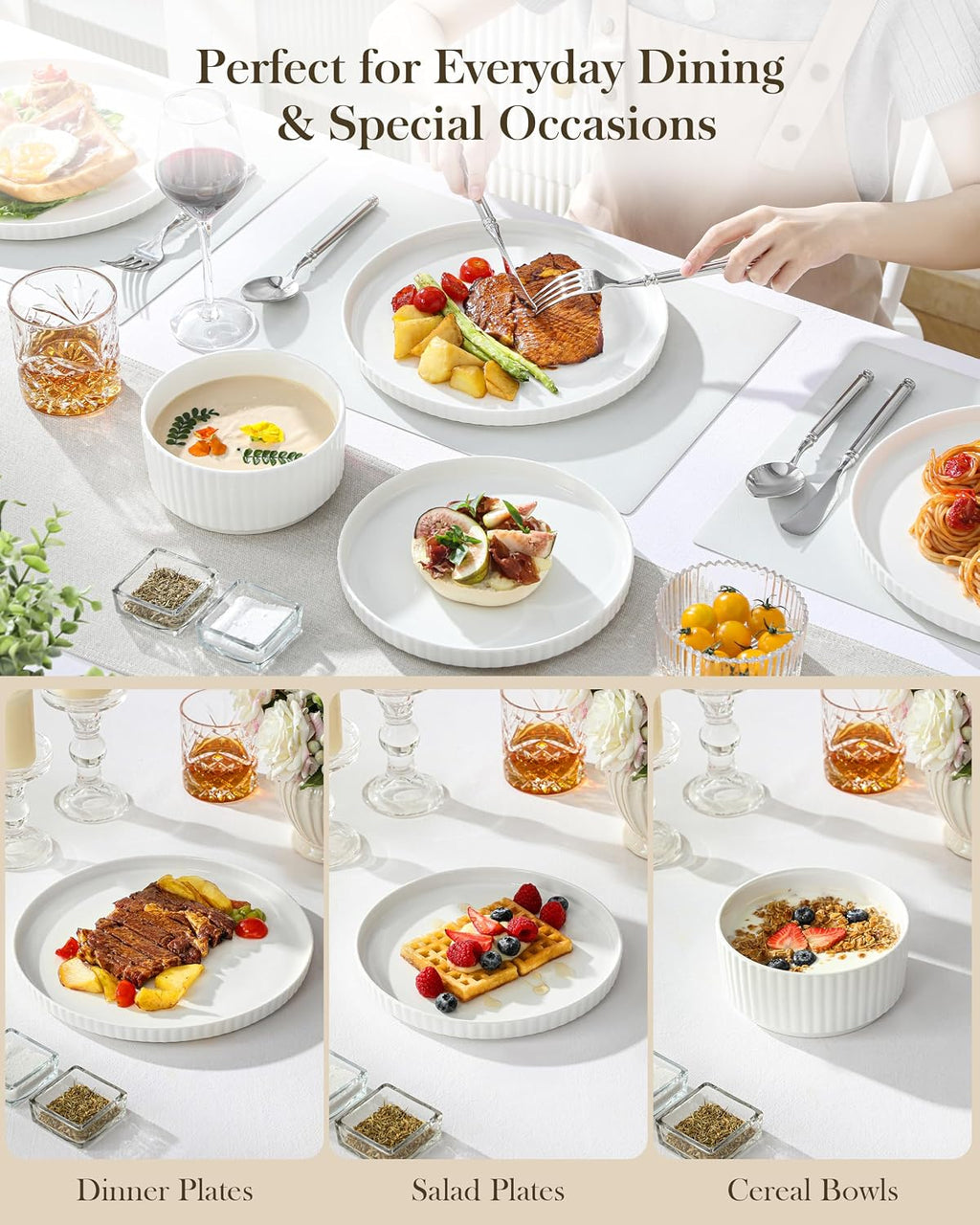 Porcelain 12 Pieces Plates and Bowls Set, Dinnerware Set for 4