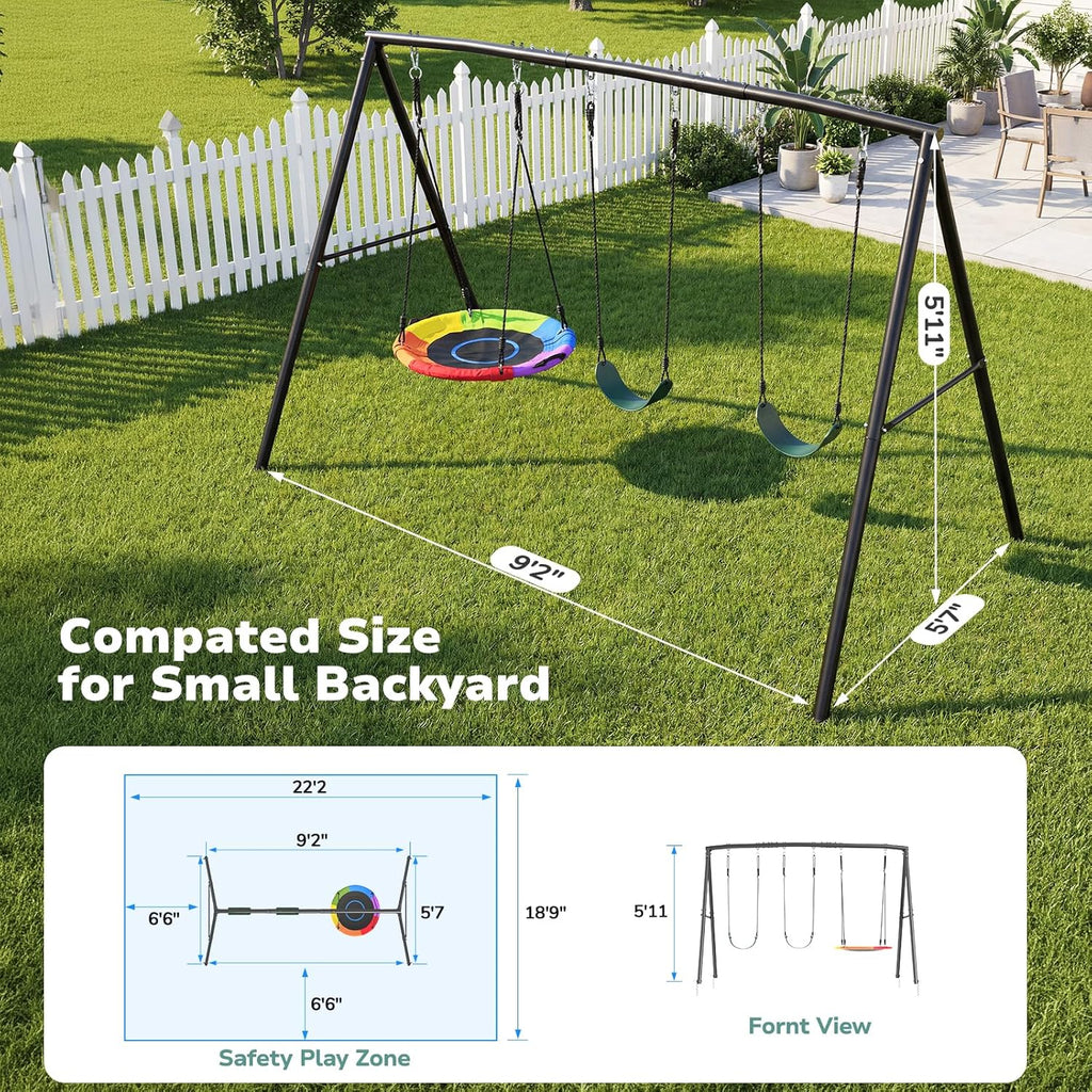 500lb Heavy Duty Metal Swing Sets for Backyard with Saucer Swing, Kids Triple Outdoor Swingset, Easy to Assemble