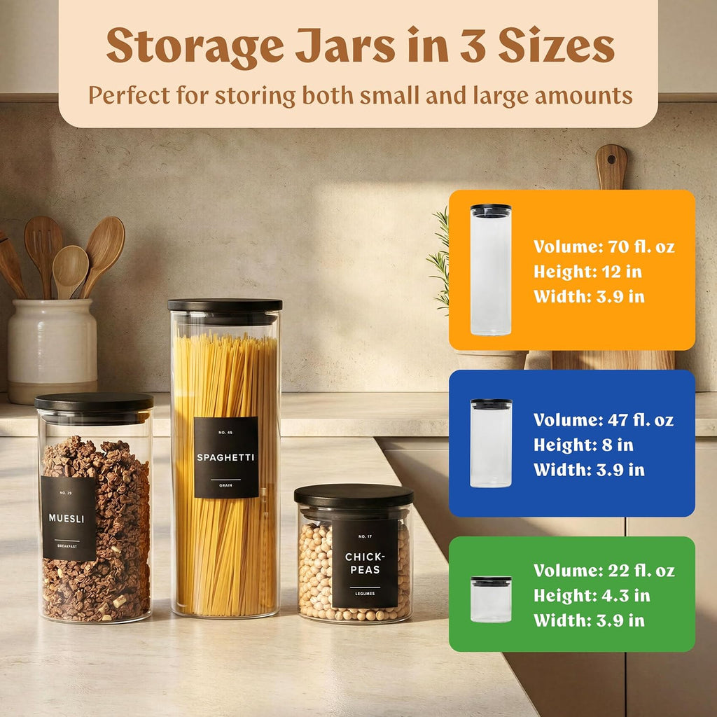 Glass Storage Containers with Black Lids [Extra Thick Glas] with 54 Labels - Canister For Pantry Noodles Flour Cereal