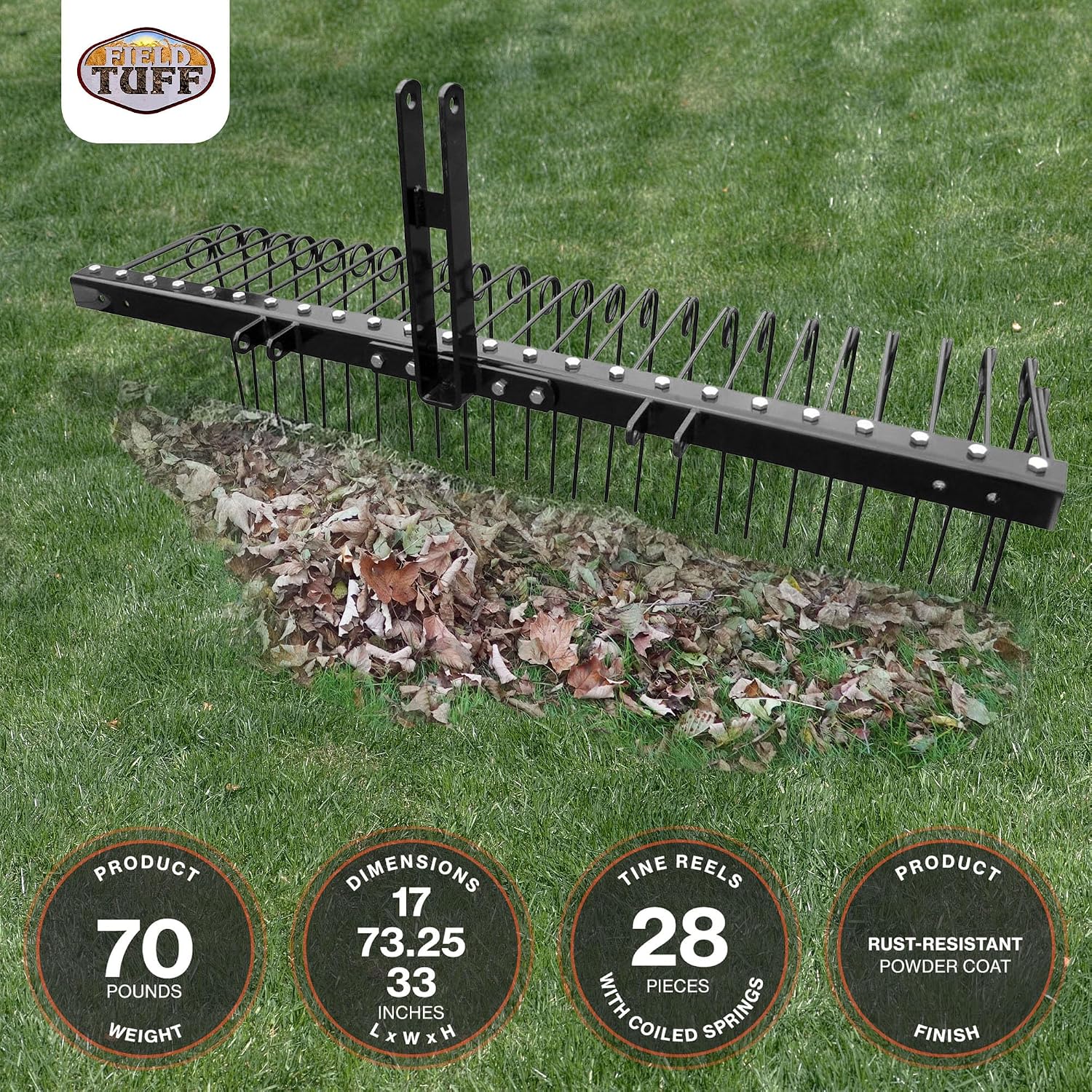 Steel Spring Coil Tine Tow Behind Landscape Rake for Leaves, Pine Needles, Straw, and Grass with 3 Point Hitch