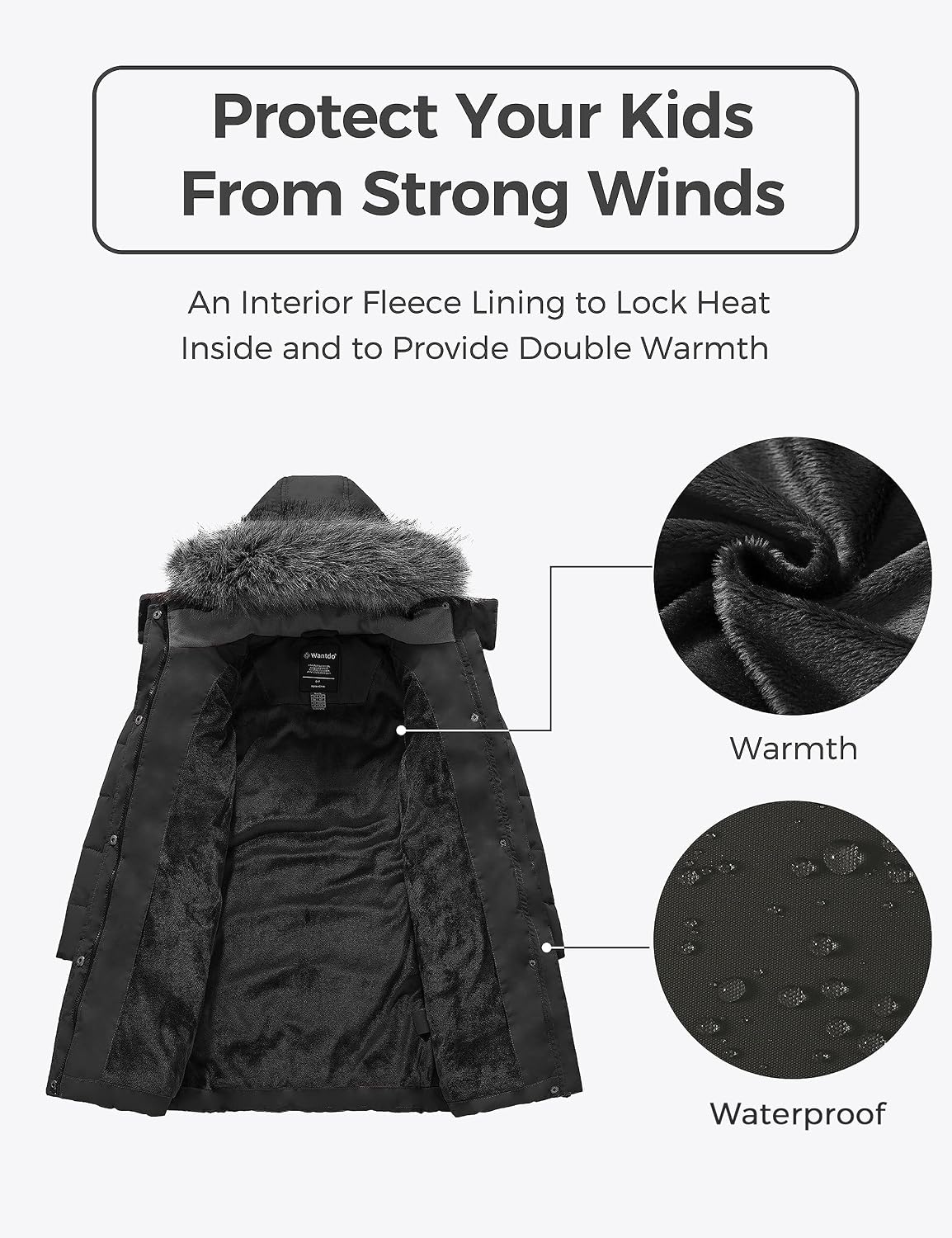 Girls Winter Coats Long Puffer Jackets Fleece Lined Removable Hood | Detachable Faux Fur, 5000mm Waterproof, Zippered