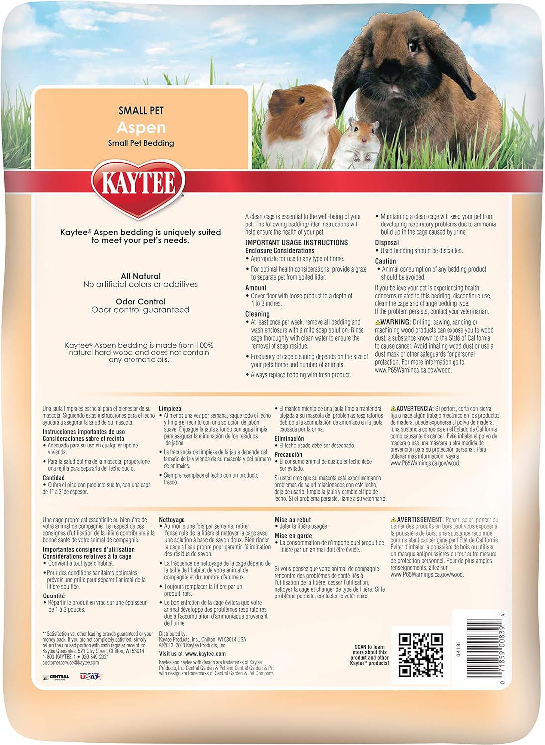 Aspen Bedding for Small Animals, 52.4 Liter | Less mess. Aspen hamster bedding. 99.9% dust-free wood shavings, guinea