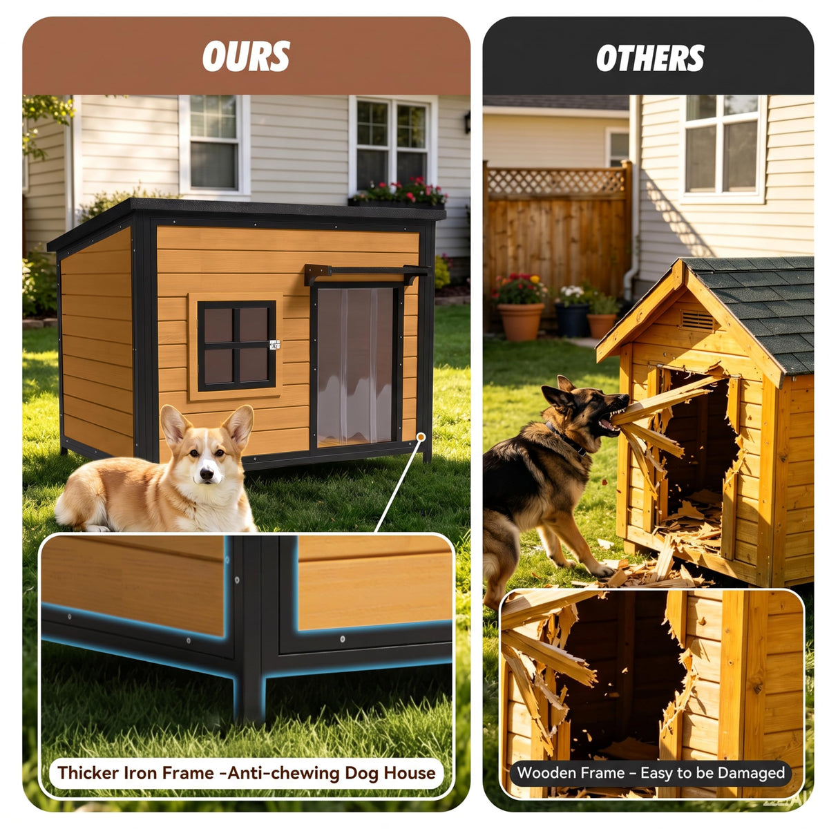43" Large Wooden Outdoor Dog House, Brown