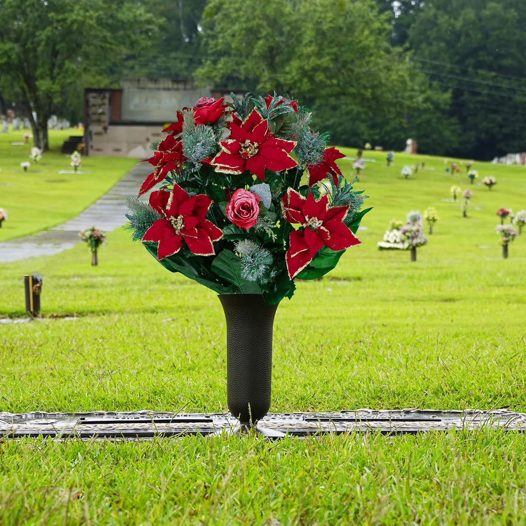 Artificial Cemetery Flowers - Red Poinsettias and Roses with Glitter and Frosted Pine Branches - (1) Bouquet (1) Vase
