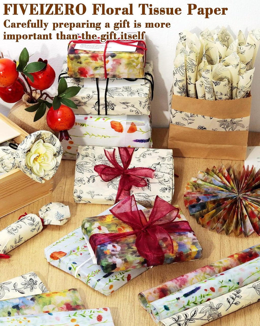 50Sheets Floral Tissue Paper for Gift Bags;Retro Patterned