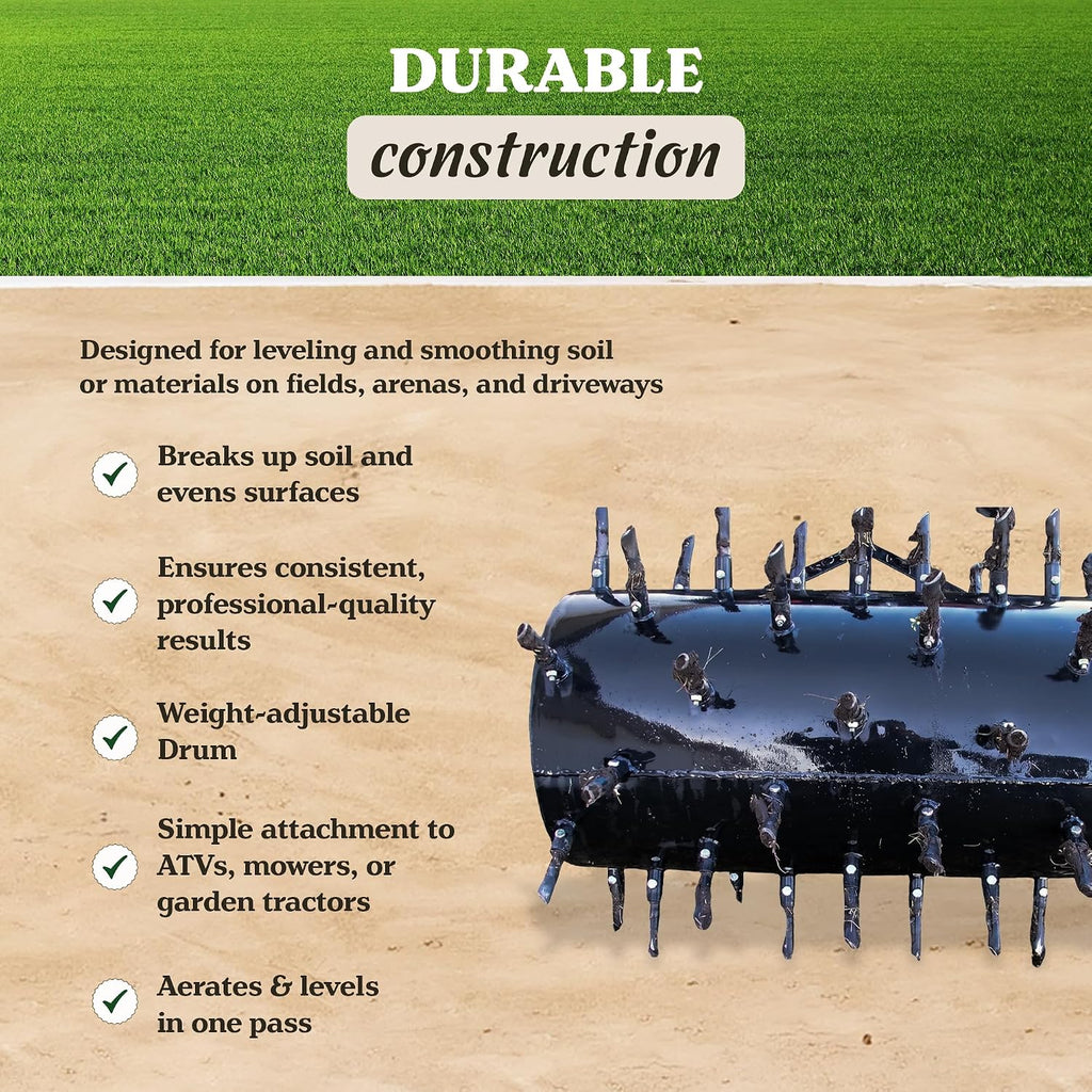 Drum Plug Style Aerator Tow-Behind Steel Blade for UTVs, ATVs, or Utility Tractors, 36" Wide - Includes 54.6" Long Plugs