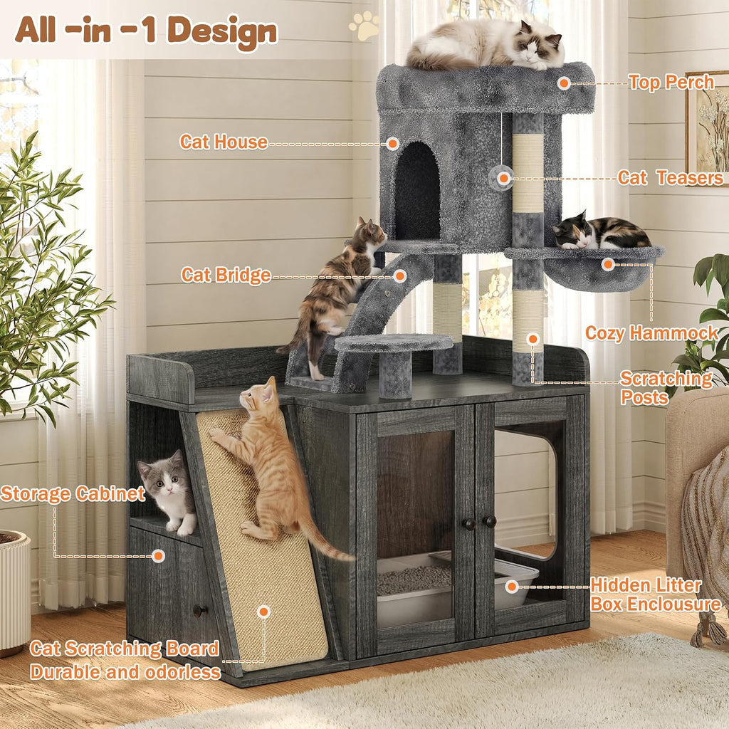 All-in-One Cat Tree with Hidden Litter Box Enclosure, Grey Wooden Cat Tower with LED Light, Sisal Scratching Board