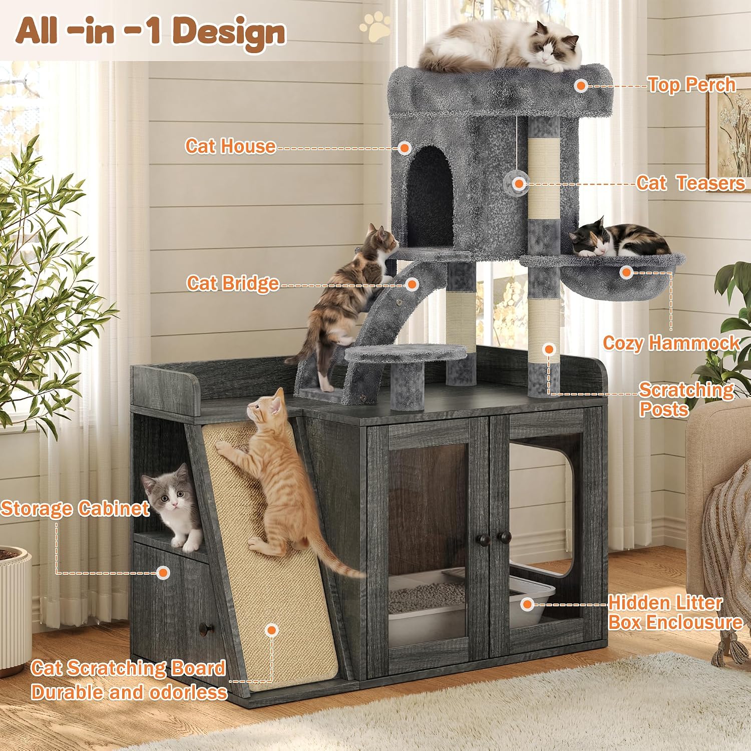 All-in-One Cat Tree with Hidden Litter Box Enclosure, Grey Wooden Cat Tower with LED Light, Sisal Scratching Board